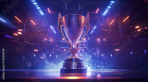 Esports trophy cup on neon cyberpunk background