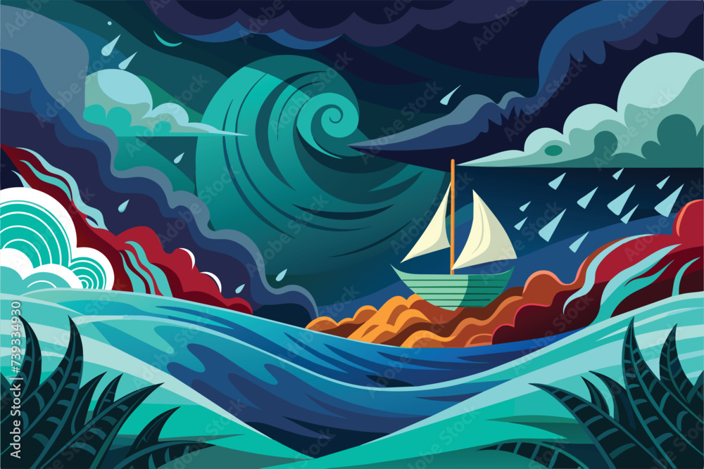 Stylized vector illustration of an ocean during a storm