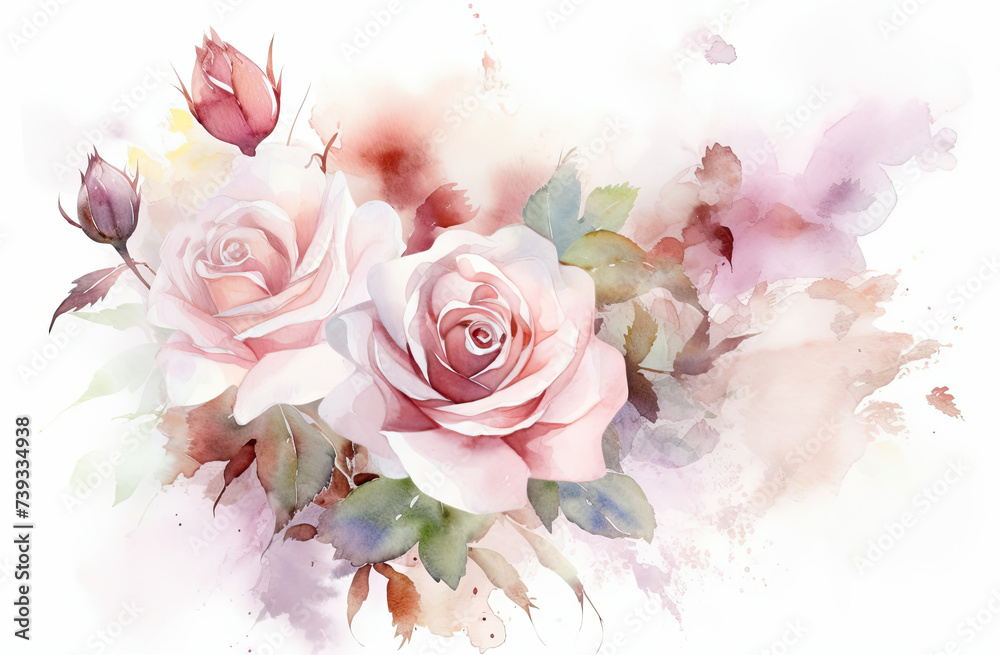 Bouquet of Pink Roses With Leaves on White Background Bouquet of Pink Roses With Leaves on White Background