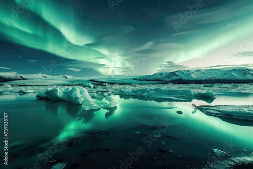 Icebergs Drifting in a Glacial Lagoon Under the Northern Lights. © Suwanlee