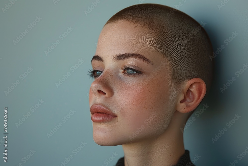 A striking portrait of a woman with a buzz cut, her exposed features - from her strong brow and smooth skin to her piercing eyes and determined chin - commanding attention against the backdrop of a b A striking portrait of a woman with a buzz cut, her exposed features - from her strong brow and smooth skin to her piercing eyes and determined chin - commanding attention against the backdrop of a b