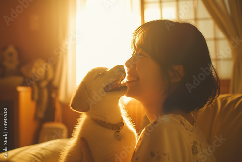 Woman give love tothe dog on a couch in a living room photo