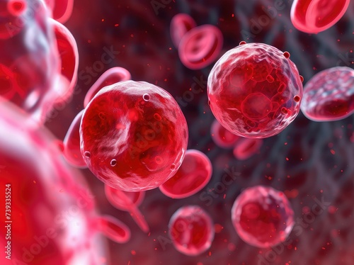Red blood cells circulating in the blood vessels.