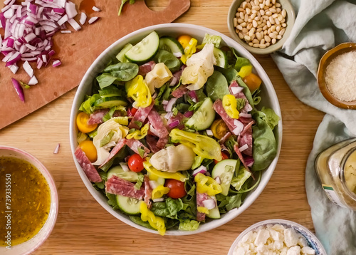 Fresh salad with vegetables, greens in bowl. Homemade delicious lunch salad with cherry tomatoes, spinach, arugula for restaurant, menu, advert or package, close up selective focus