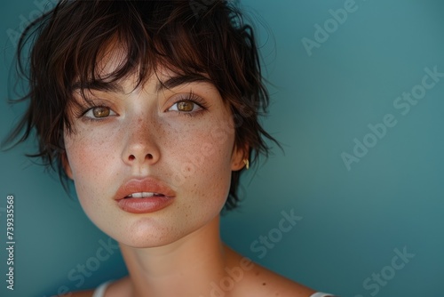 A young woman with a pixie cut and freckles gazes confidently at the camera, her skin glowing in the indoor lighting as her short brown hair frames her face, accentuating her delicate features and ex