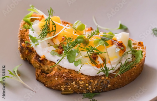 Toast with boiled Egg, microgreens on plate. Healthy vegetarian breakfast, toasted bread for menu, advert or package, selective focus.