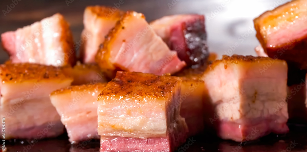 Beef Lard Roasted on wooden board. Cooking beef lard for restaurant, menu, advert or package, close up, selective focus Beef Lard Roasted on wooden board. Cooking beef lard for restaurant, menu, advert or package, close up, selective focus