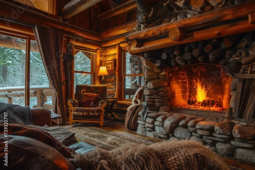 Rustic Retreat: Cozy Cabin Interior with a Crackling Fireplace and Plush Throws.