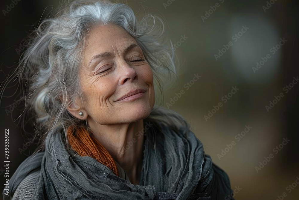 A gracefully aging woman embraces the beauty of her grey hair and wraps herself in a scarf, exuding confidence and wisdom in this stunning outdoor portrait