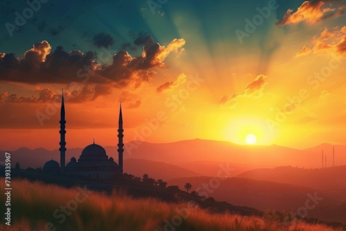 Silhouette mosque with a sunset background