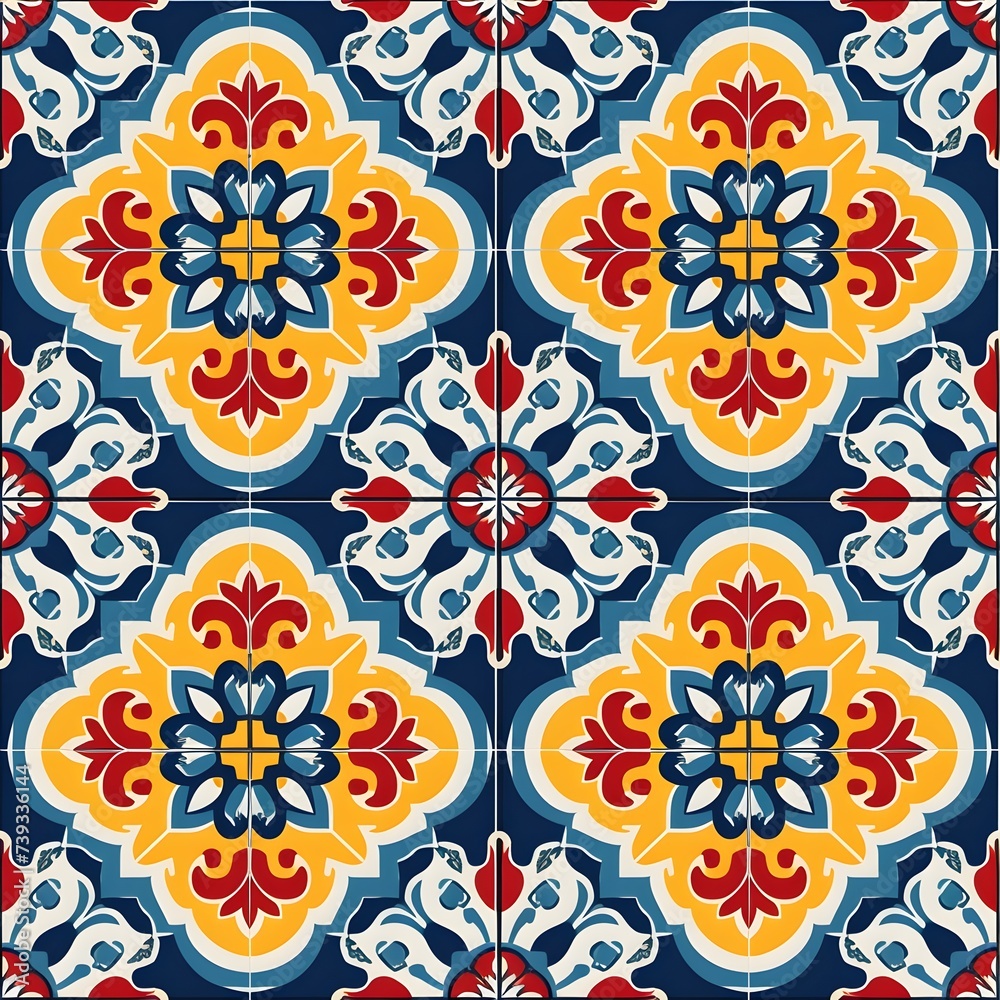 Portuguese Azulejos Tile Style Background Design, Hand Edited Generative AI