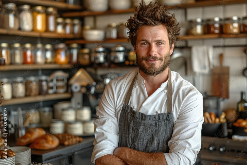 A man stands proudly in his apron, surrounded by shelves of food and bottles, in the bustling kitchen of his shop