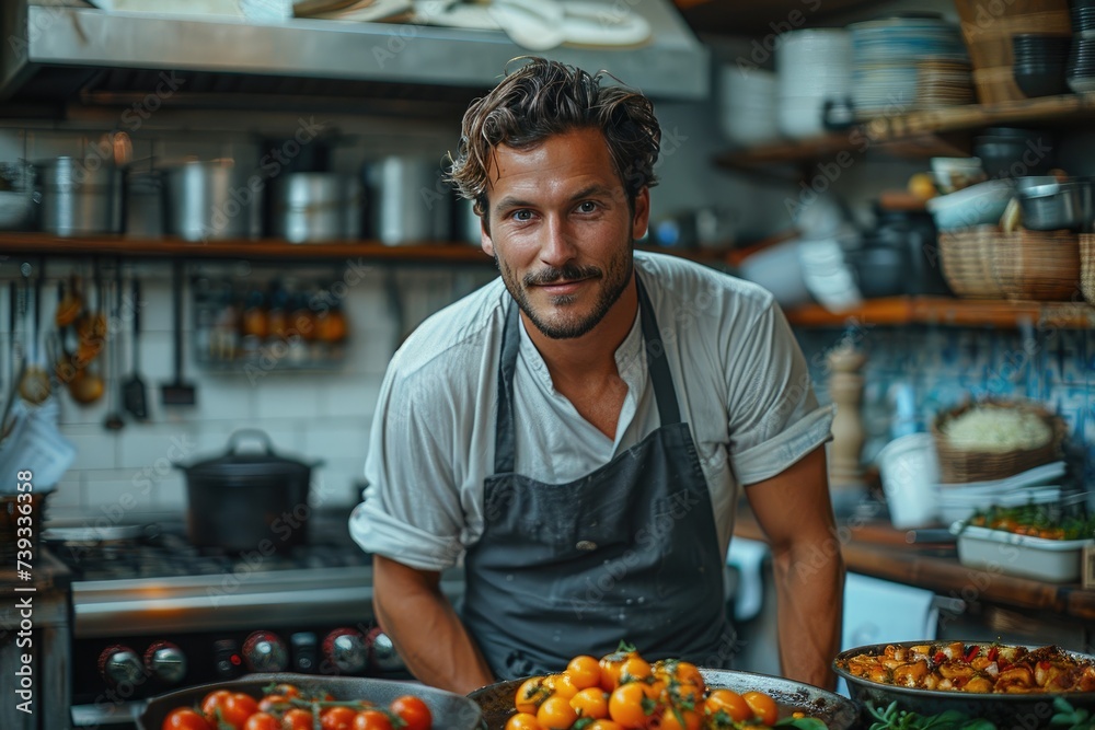 A man in a kitchen stands proudly, surrounded by vibrant produce from the local market, embodying the concept of whole, natural foods and promoting a vegan diet to the community as a dedicated grocer