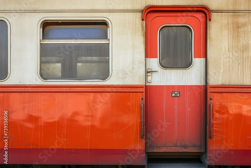 The door of a red red and white train car, in the style of lightbox.