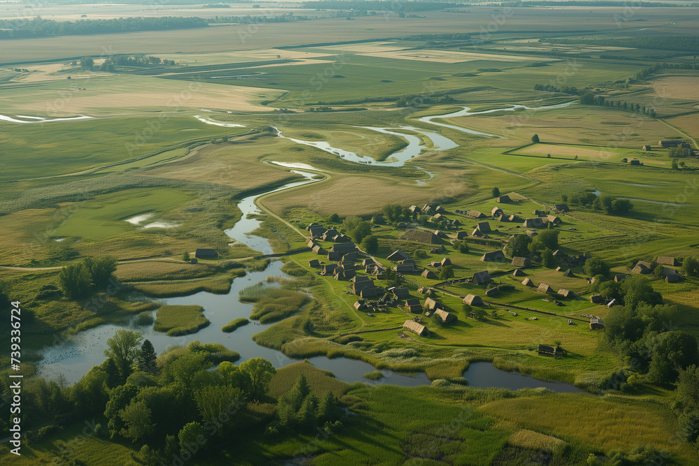 Aerial view, rural landscape, meandering rivers, verdant farmlands, bucolic village, pastoral beauty, agricultural fields, natural patterns, waterway network, country life, serene nature, green pastur