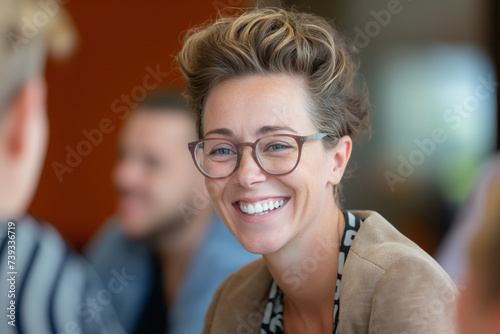 Joyful Professional Woman Engaging in a Conversation