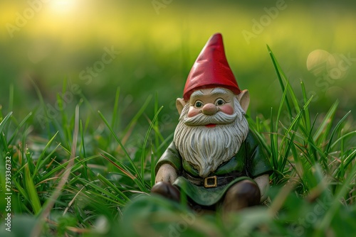 The garden gnome on grass, in the style of object portraiture specialist, light red and dark emerald.