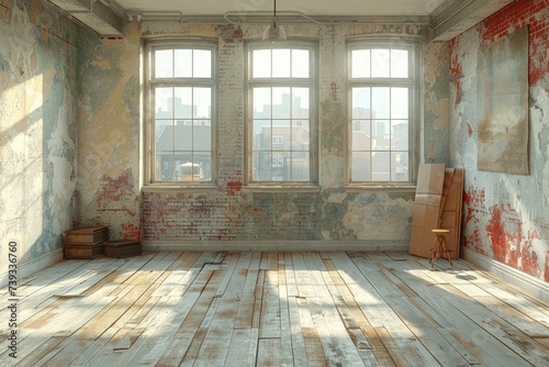 Amidst the abandoned decay, a solitary chair sits in an indoor room, its walls adorned with faded paintings, as the floor creaks underfoot and light filters through a few dusty windows, inviting expl photo
