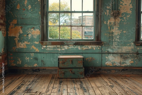 An abandoned room with peeling green walls and decaying floors, containing two boxes and a window, invites exploration into the past