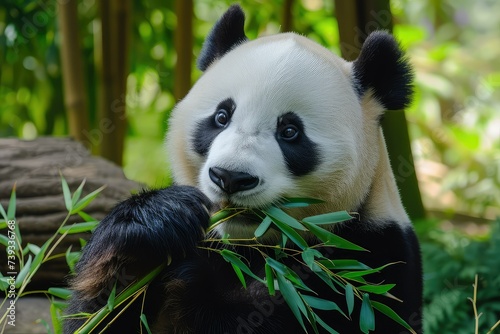 The giant panda is a national treasure of China and likes to eat bamboo.
