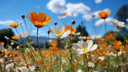 A field of wildflowers under a bright blue sky  bees and butterflies visible  gentle breeze  symboli