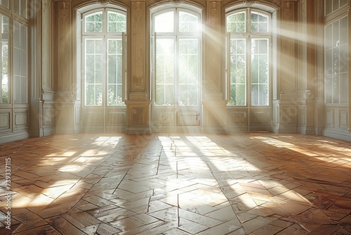 A sunlit room filled with symmetrical windows brings warmth and light to the ground floor  creating a serene and inviting atmosphere