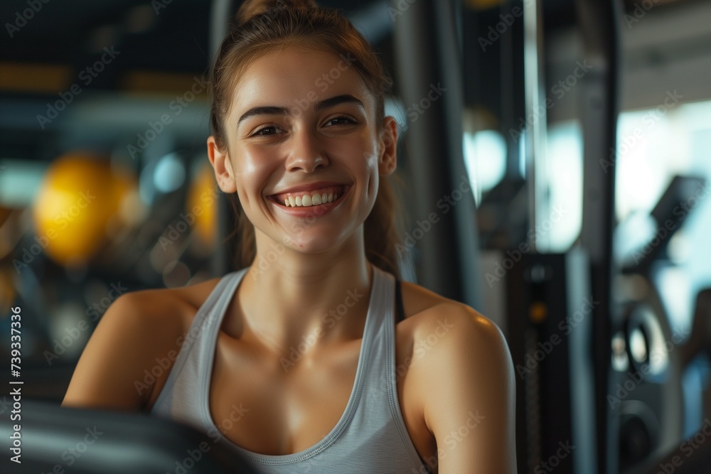 Portrait photo of a smiling young fitness woman training on a simulator in the gym.
