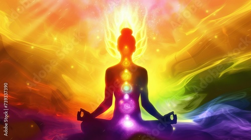 Transcendental chakras space meditation futuristic colorful background.