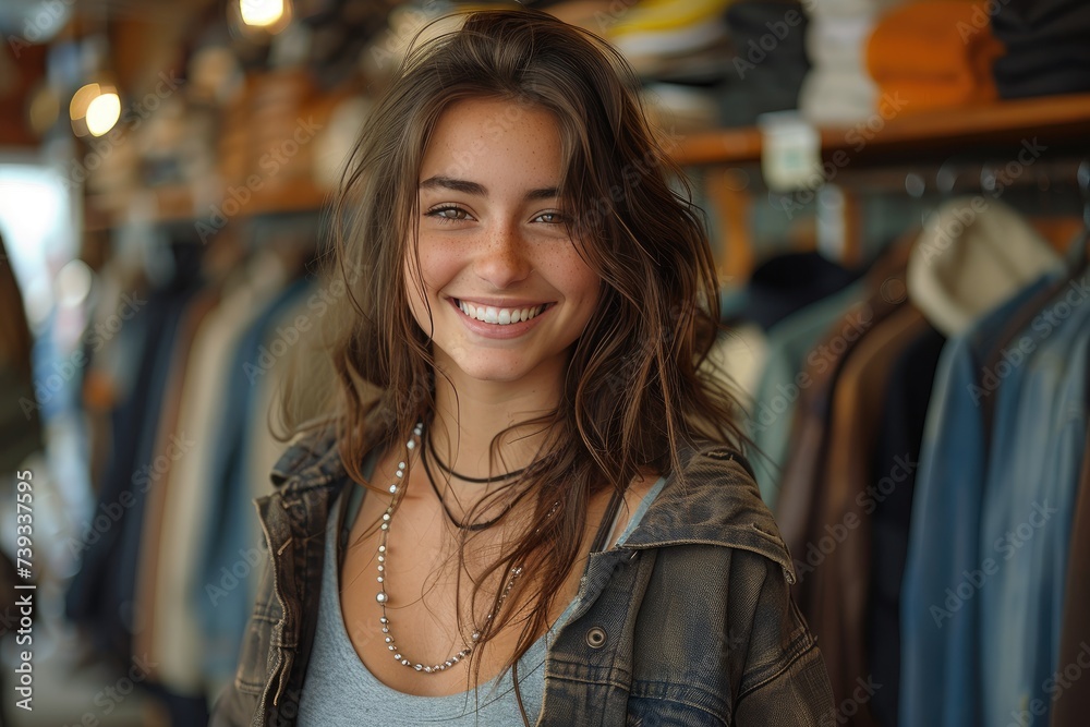 A stylish woman radiates joy and confidence as she stands in a clothing store, her hair perfectly styled and a genuine smile on her face, inviting the viewer into her world of fashion