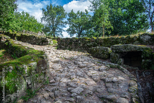 Main street of amazing Archaeological site of Citania de Briteiros flanked by trees. Guimarães, Portugal photo