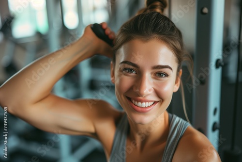 Portrait photo of a smiling young muscular strong woman in the gym.