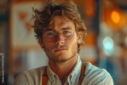 An introspective man with a warm smile and sharp gaze, donning glasses and a well-groomed beard, captures attention in his stylish indoor portrait