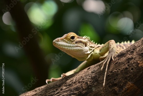 Green iguana perched on a tree branch in a tropical environment, basking in natural sunlight.