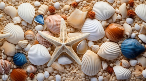 A creative composition of various seashells and starfish  set amidst a scattering of fine beach sand