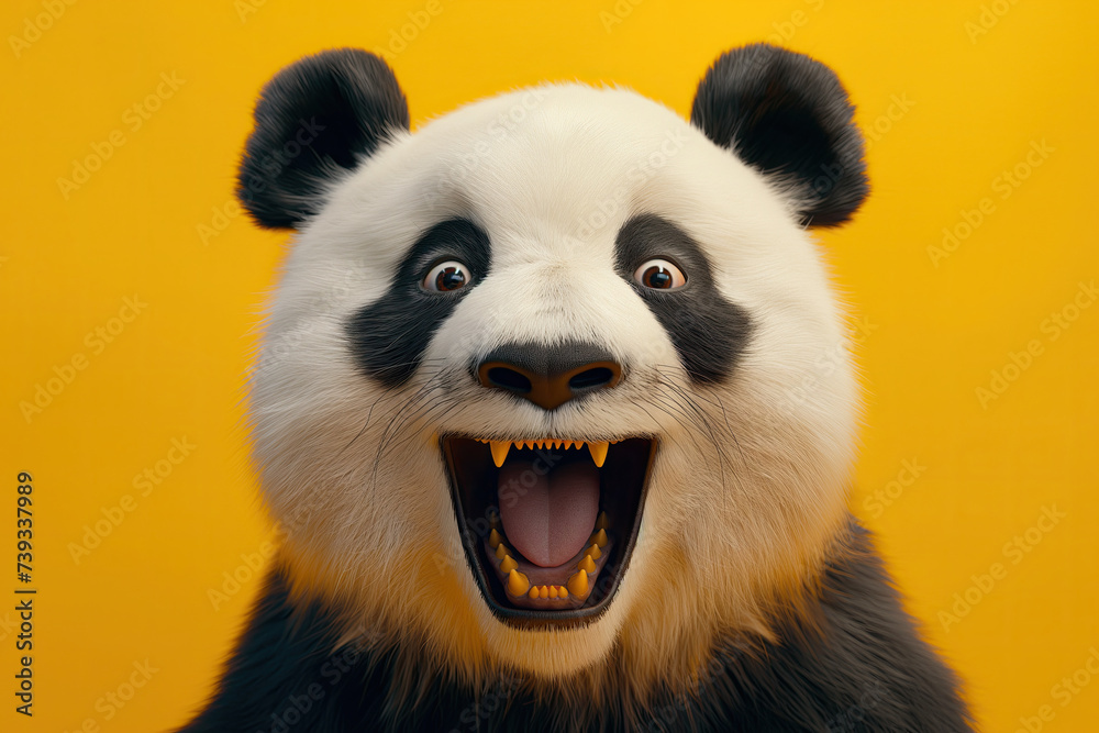close up of a panda bear on a yellow background with it's mouth open close up of a panda bear on a yellow background with it's mouth open
