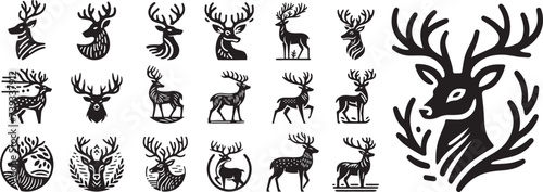 deer heads, black and white vector collection