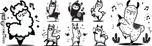 set of dancing llamas, funny animals, black and white vectors laser cutting engraving