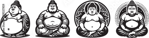 fat buddha statue, black and white vectors photo