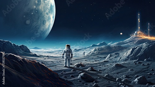 space exploration concept  man in spacesuit walking on the moon with spacecraft behind him 