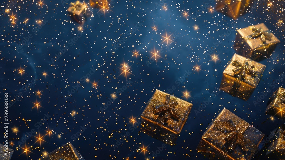 Naklejka premium Generative AI illustration of blue gifts with golden bows and ribbons placed on blue background near stars Ai generated