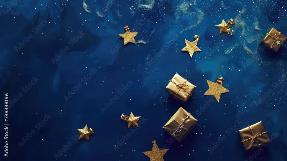 Fototapeta premium Generative AI illustration of blue gifts with golden bows and ribbons placed on blue background near stars Ai generated