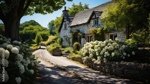 A quaint country cottage surrounded by wildflowers, the rustic charm of the stone walls and thatched