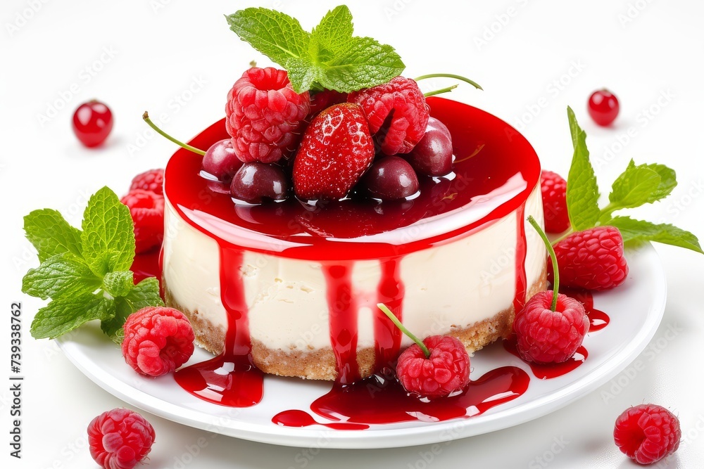 Elegant cheesecake topped with fresh berries and red sauce on white background Elegant cheesecake topped with fresh berries and red sauce on white background