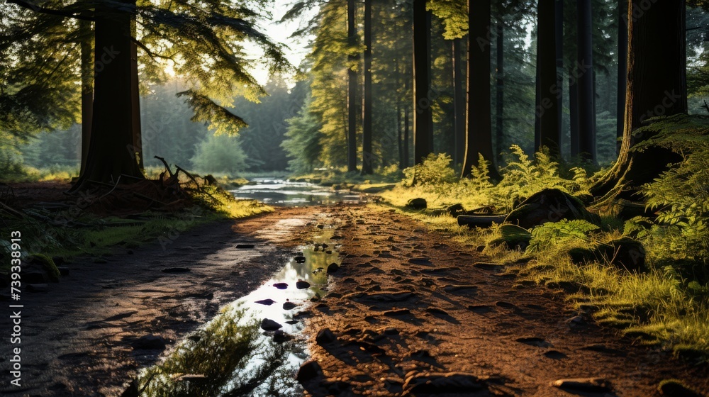 Fototapeta premium A tranquil forest path at twilight, the setting sun casting long shadows through the trees, the peac