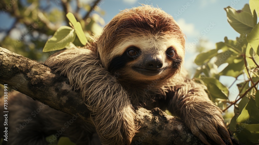 Fototapeta premium A sloth hanging from a tree branch, slow movements, lush rainforest environment, symbolizing the rel