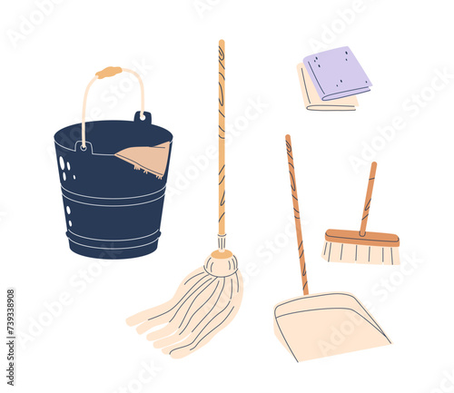 Bucket With Rag, Broom, Brush, Wipes And Scoop Versatile Cleaning Kit, Perfect For Tackling Messes, Isolated Vector Set