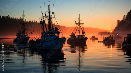 A foggy dawn at a city fishing harbor, silhouettes of boats and fishermen barely visible, a mysterio photo