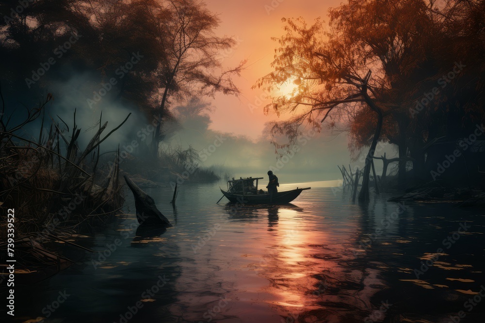 A lone fisherman in a boat on a misty river under a soft sunrise.