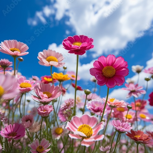 Field of pink and white cosmos flowers under a blue sky with white clouds