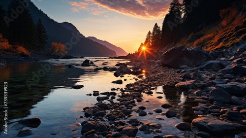A mountain river at twilight, the fading light casting a soft glow on the water and rocks, the scene © ProVector